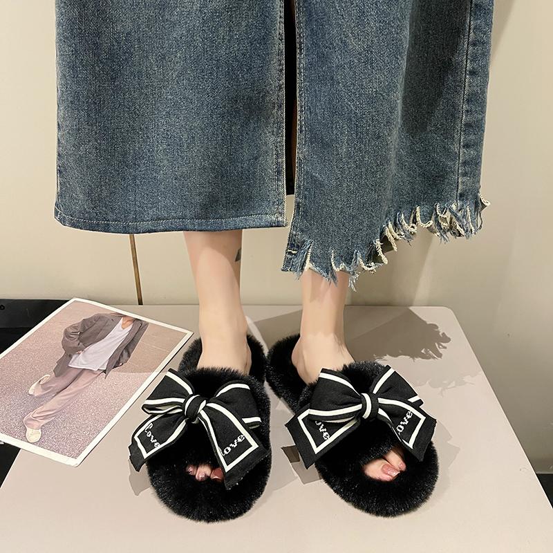 Fashion Casual Fluffy Slippers Women House Flats Fashion Winter Bowknot Love Designer Shoes Ladies Home Plush Platform Elegant Footwear