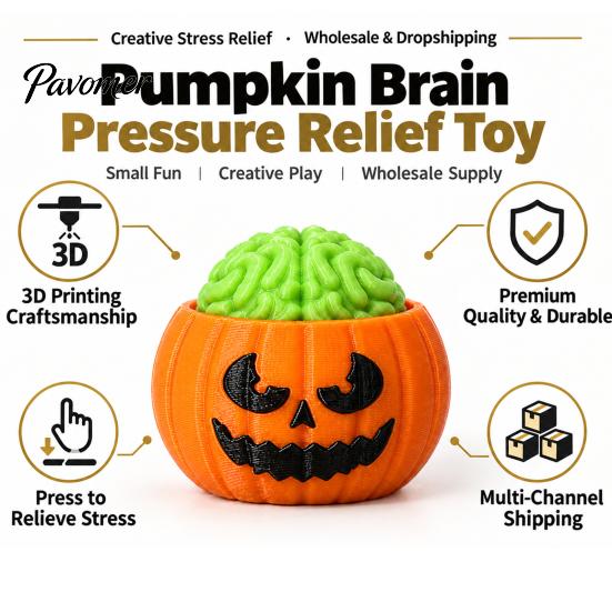 3D Printed Novelty Gift Halloween Pumpkin Stress Relief Toy, Sensory Fidget Realistic PLA Material Toy Soft Rebound Brain Shape Squeeze for