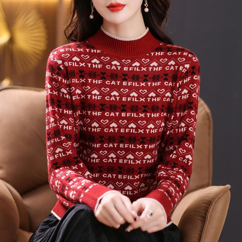 Women's Sweater Autumn and Winter Jacquard Casual Pullover Long-sleeved Loose Half Turtleneck Knitted Sweater