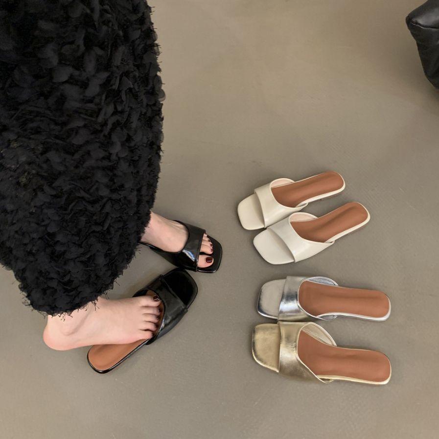 Large size women's shoes cool slippers summer 2025 new square head women fat feet wide fat soft soles not tired feet one pedal