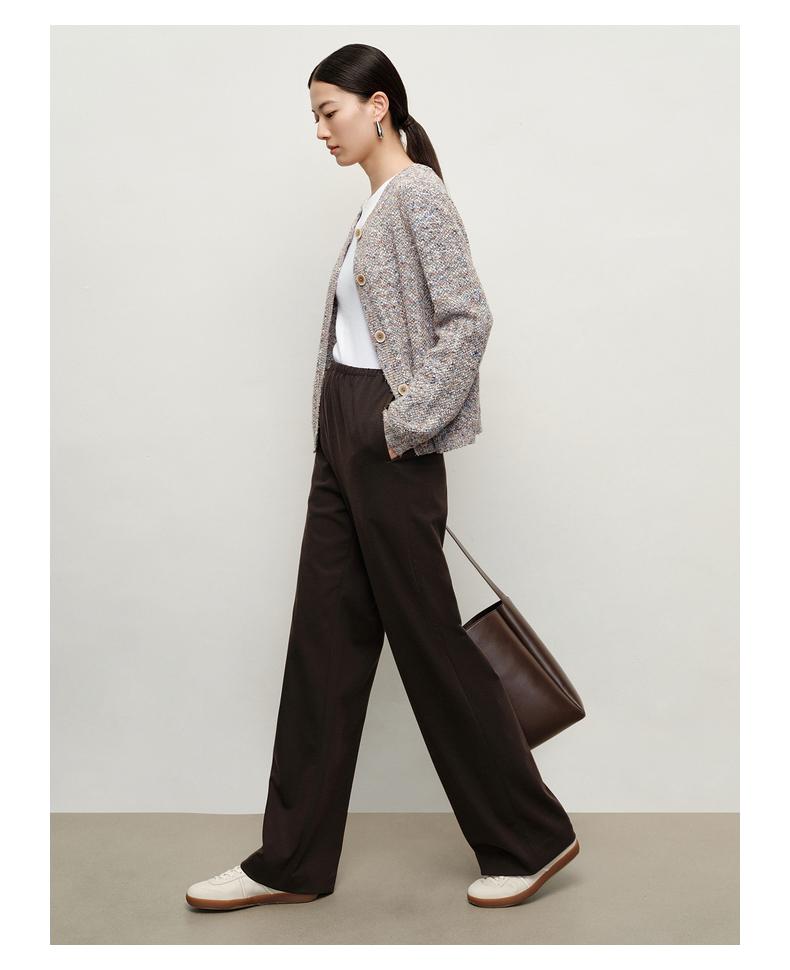 Jiuzi Anna Kou Simple and Comfortable Elastic Waist Knitted Texture Wide Leg Casual Pants for Women 2024 Autumn New Collection