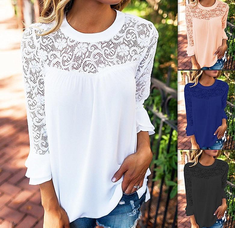 Elegant Chiffon Lace Blouse Loose Fit Pullover Long Sleeve T-shirt For Women