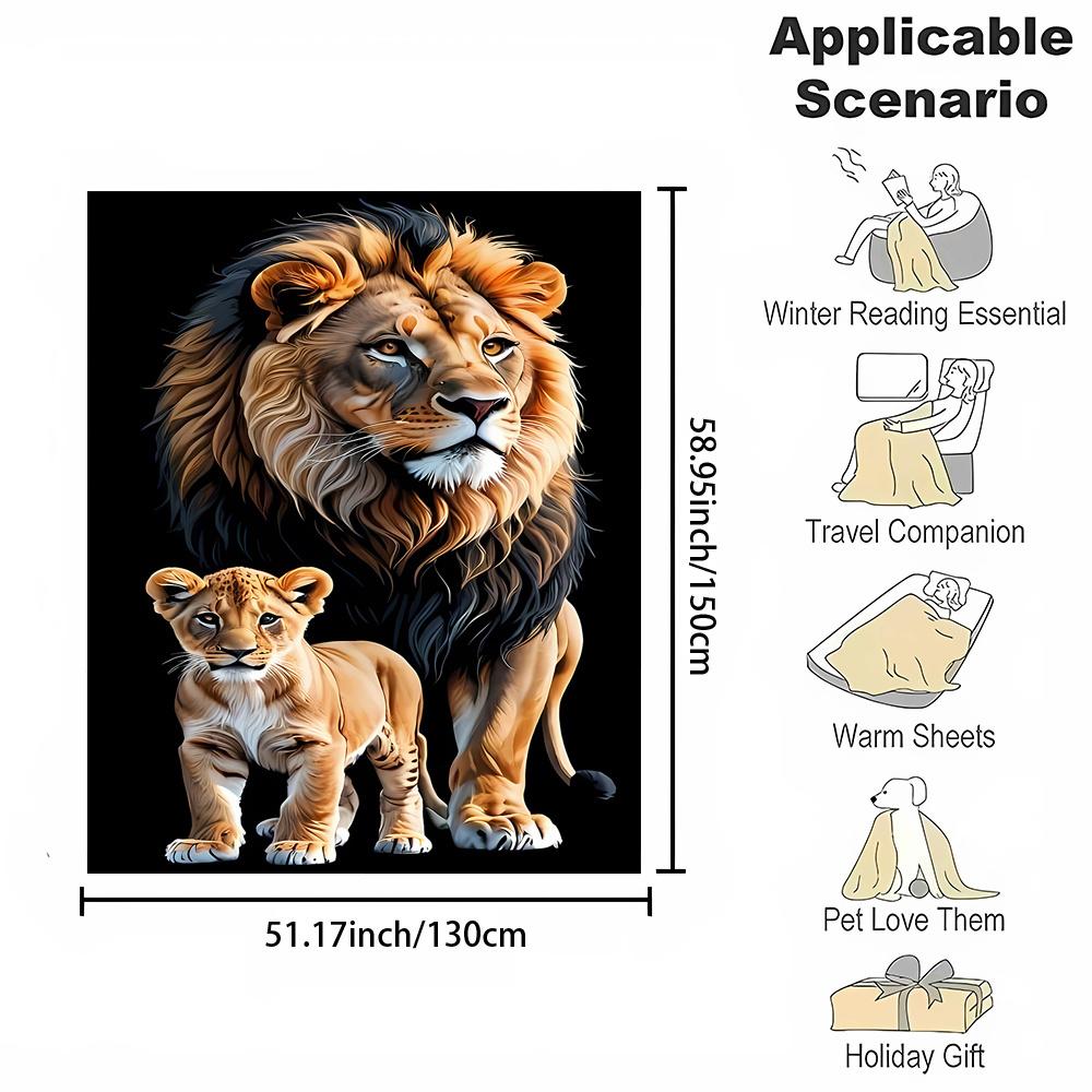 Reversible Lion and Cub Print Flannel Throw Blanket - Contemporary Style, All Seasons, Digital Printing, Non-Woven Polyester