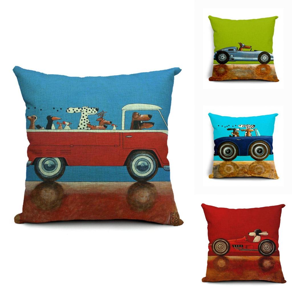 Vintage Car Dog Print Pillow Case In Beautiful Cotton Linen For Stylish Home Decor