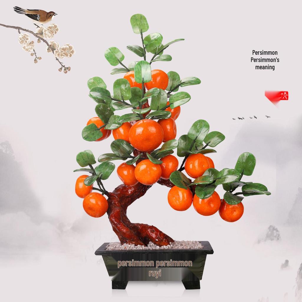 Jade Carved Persimmon Tree Ruyi Ornament - New Chinese Style Decor for Living Room or Entrance