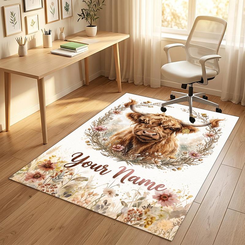 Cow Highland Theme Crystal Velvet Rug Personalized Custom Name Text Soft Floor Mat Home Decor