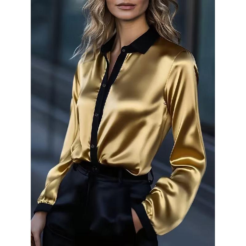 Women's Spring New Style Elegant Commuting Long-Sleeve Shirt Satin Color-Block Blouse