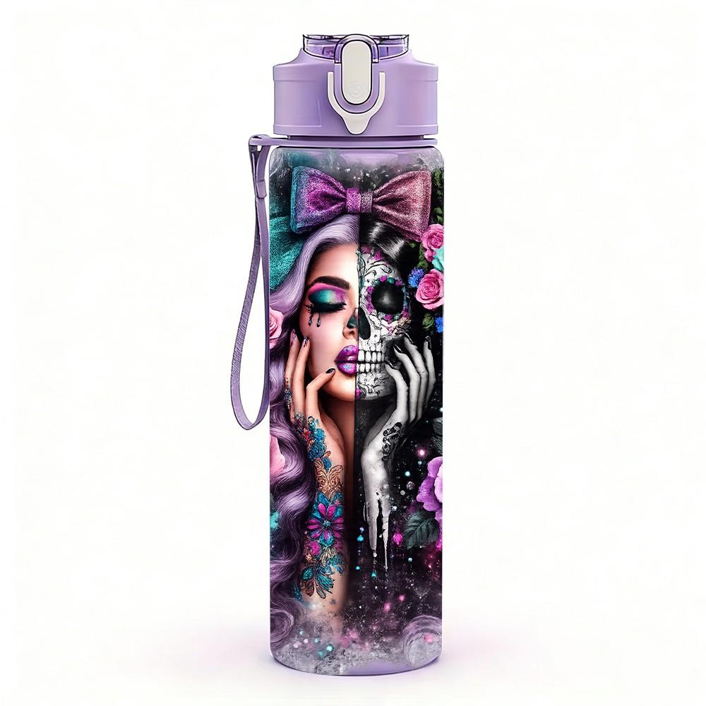 1PC Dark Flower Lady Portrait Print 750ml Color Plastic Sports Water Bottle Leakproof Flip Straw Lid Suitable for Sports Office Home Use