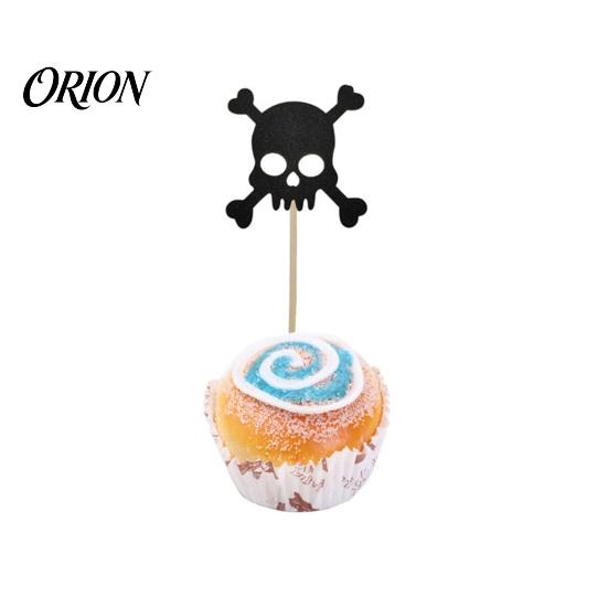 Cake Topper 8 Pcs Halloween Glitter Cupcake Picks, Spooky Black Skull Toppers, Gothic Birthday Party Decoration for Supplies Stiff Stability