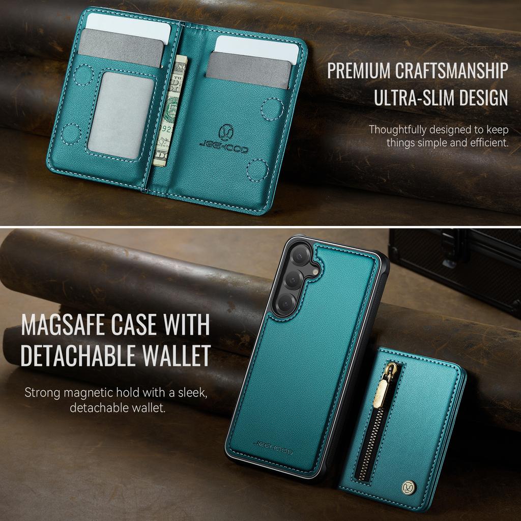 For Samsung Galaxy S24 Case JEEHOOD J12 Magnetic Detachable Zipper Wallet Kickstand Leather Back Cover Magnetic Case