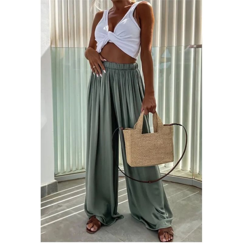 

Elastic Waist Solid Color Wide Leg Pants Elastic Waist Loose Solid Color Wide-Leg Pants Light green XL