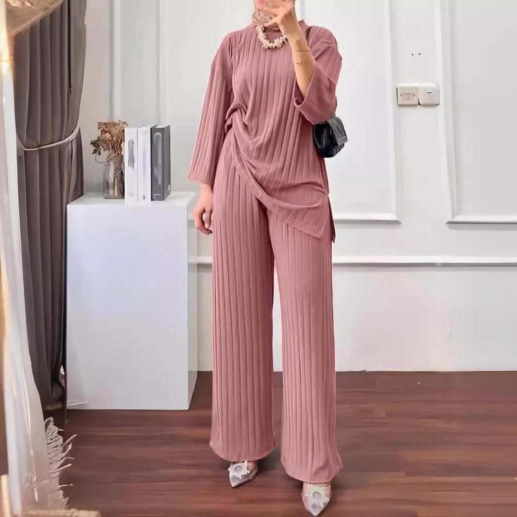 2023 Autumn/Winter Women's Long-Sleeve Top & Wide-Leg Pants Solid Color 2-Piece Casual Sportswear Set
