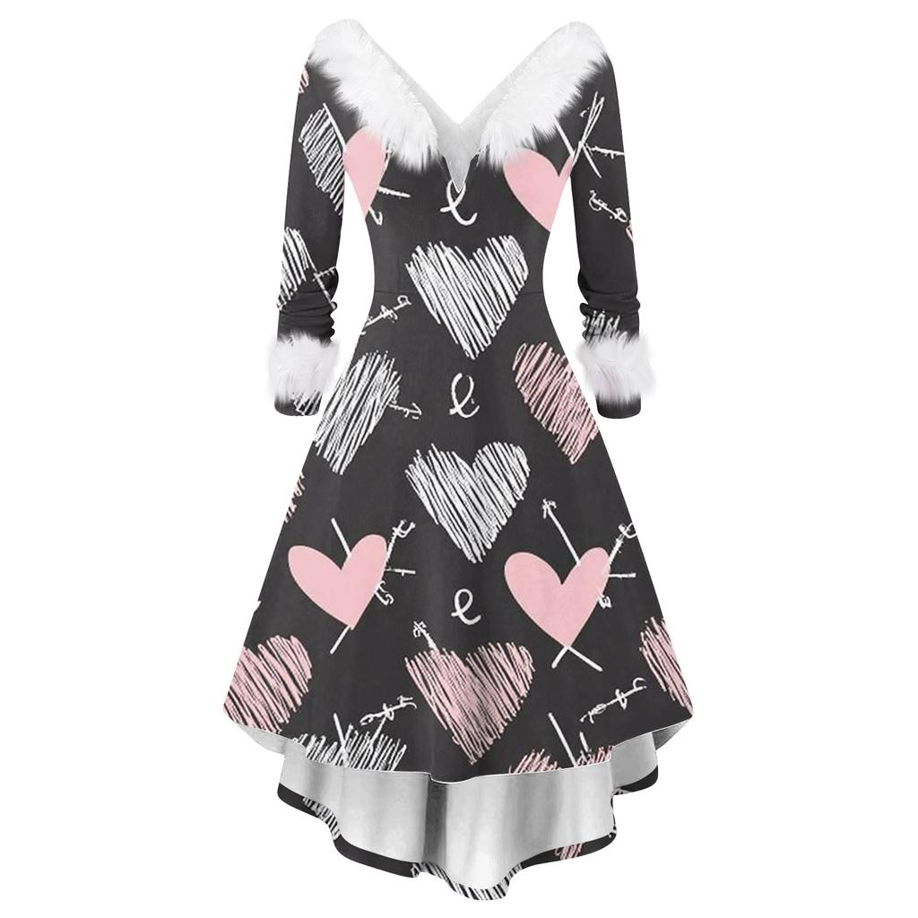 Damen stilvolles und elegantes langärmeliges V-Ausschnitt Kleid mit Valentinstags-Herzprint