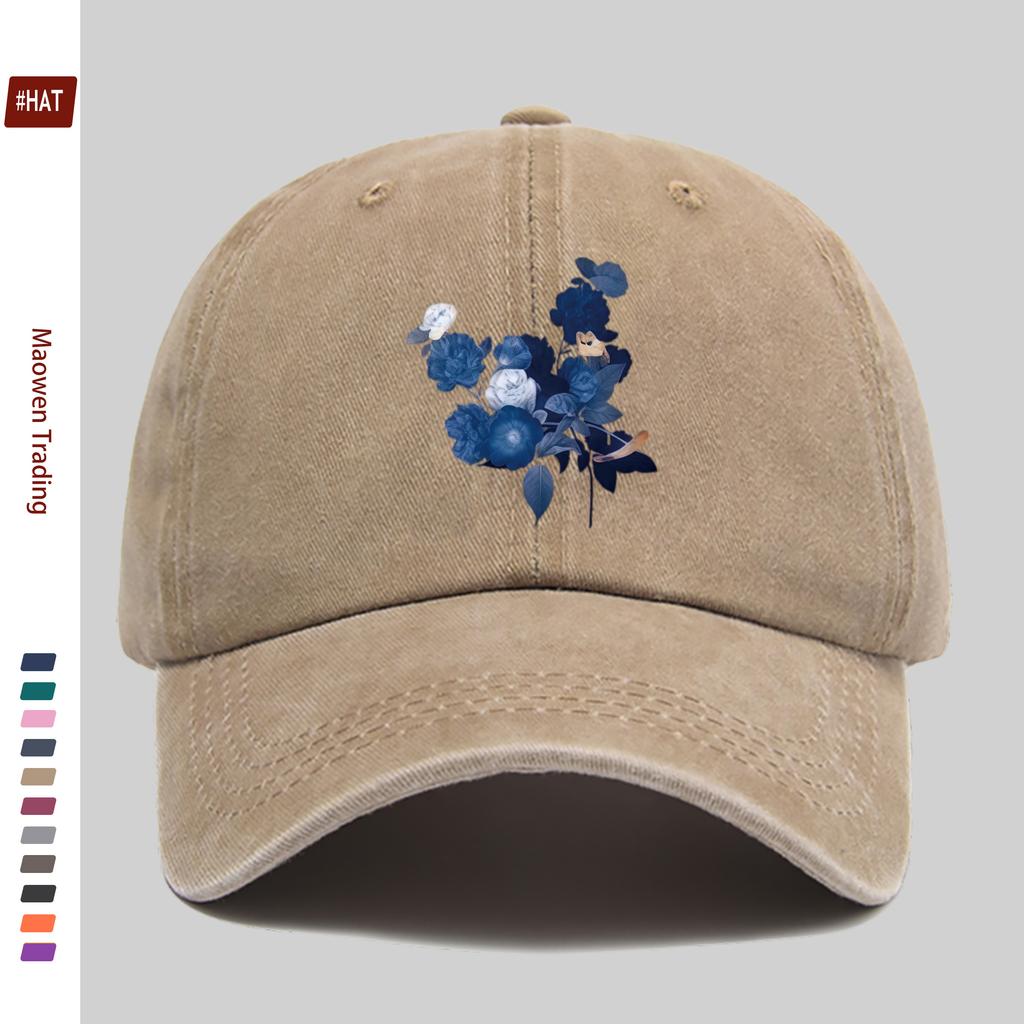 Pc Pcs Blue Floral Trucker Hat Suitable for Men Women Adjustable Washed Buckle Strap Vintage Washed Baseball Cap with Flor