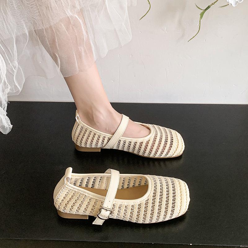 Letní nové sandály se čtvercovou špičkou, s mělkým výkrojem, s měkkou podrážkou, s nápisem, na ploché podrážce, prodyšné, síťované, ležérní boty Mary Jane pro ženy