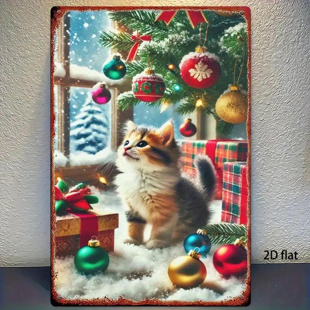 Retro Christmas Kitten & Gifts Metal Sign 8x12 Inch - Rustic Iron Wall Art for Home Farmhouse Cafe Decor