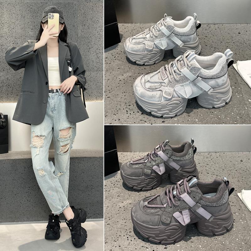 2025 New Autumn and Winter Thick-soled Dad Shoes for Women's Explosive Cowhide Mesh Breathable Height-enhancing Small Sports Shoes