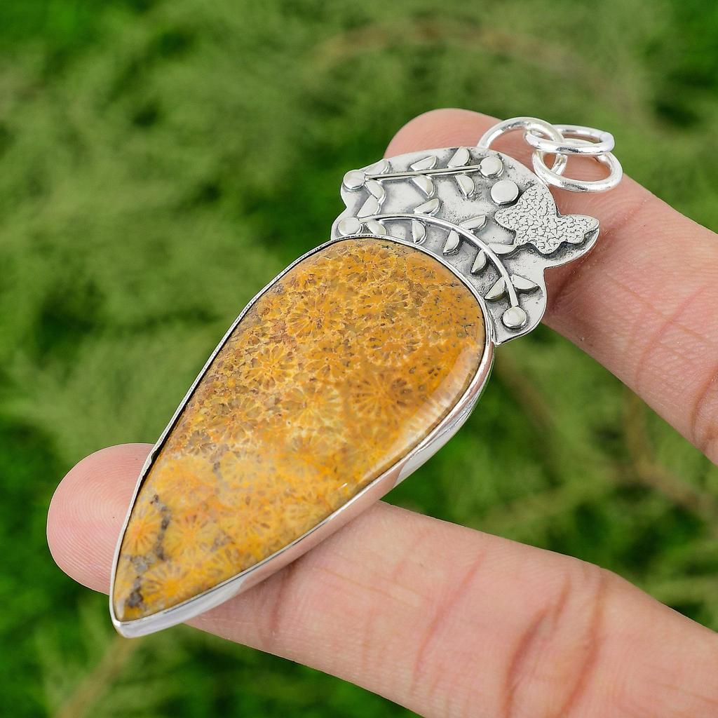 Daughters Day Deal Pear Fossil Coral Stone Wedding Pendant 925 Sterling Silver
