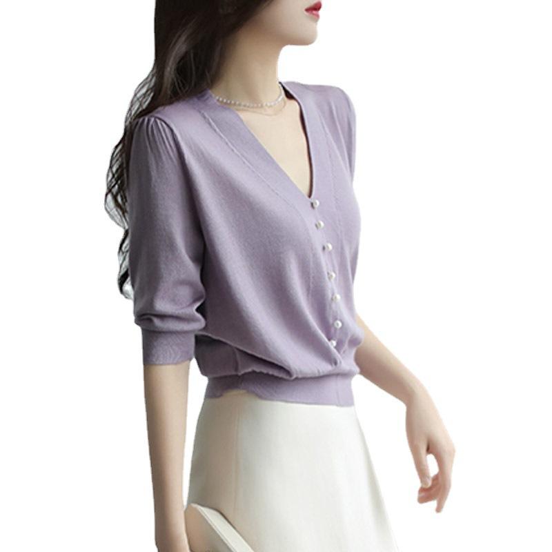 Women's Summer Mid Sleeved V-neck Temperament Ice Silk Knitted Sweater T-shirt Top