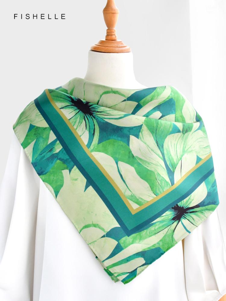 Green Flowers 100% Natural Silk Scarf Women Twill Shawl Wrap Bandana Hijab Luxury Gifts Headband Square Kerchief 90CM