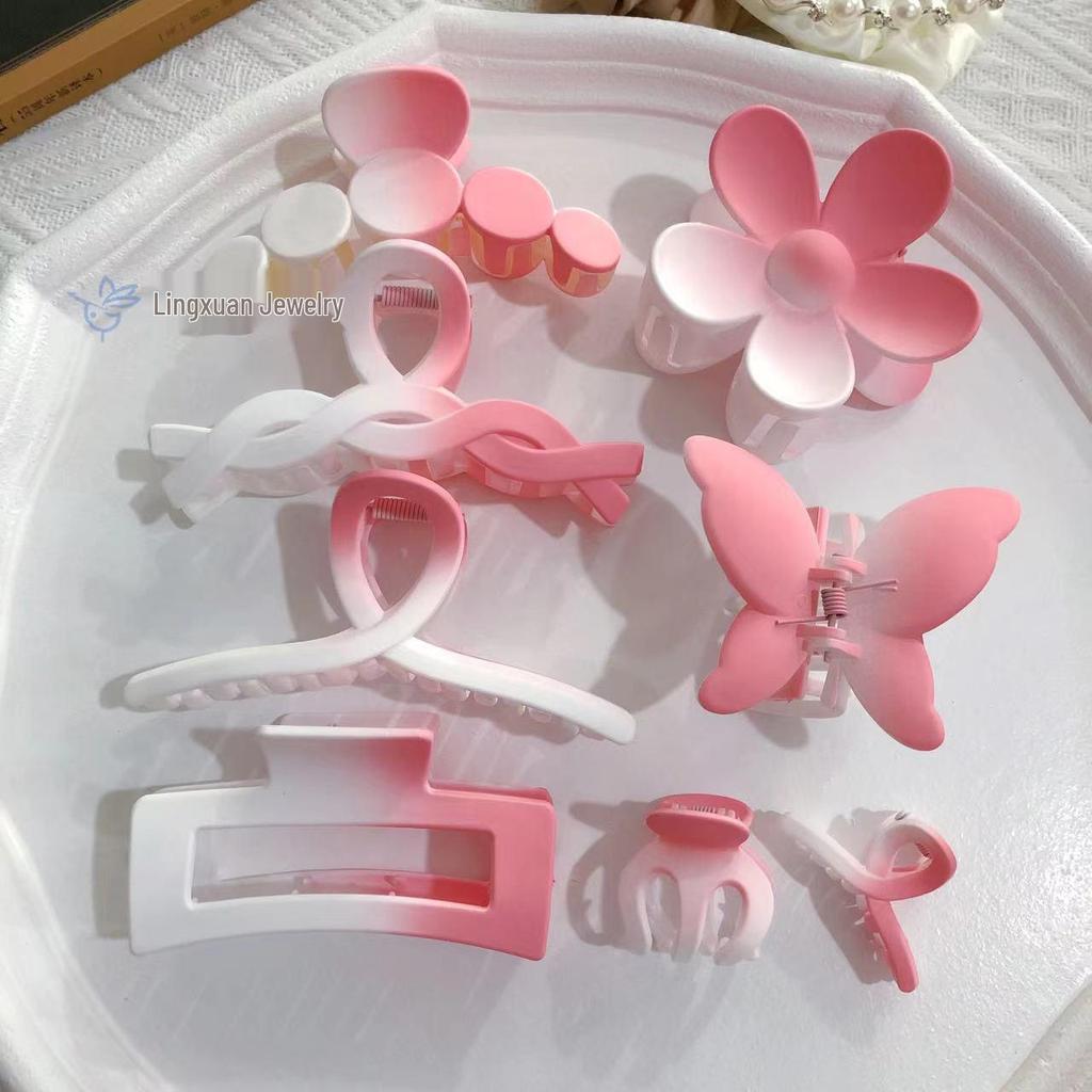 Gradient Pink Hair Clips for Women - 8-Piece Set: Large Claw & Shark Clips, Cross & Square Design