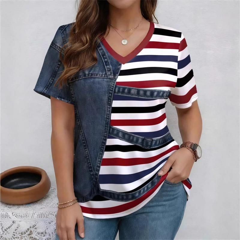 Hot-selling Women's Clothing Splicing Denim 3D Printing Short-sleeved V-neck T-shirt Summer Fashion New Large-size Women's Clothing Top