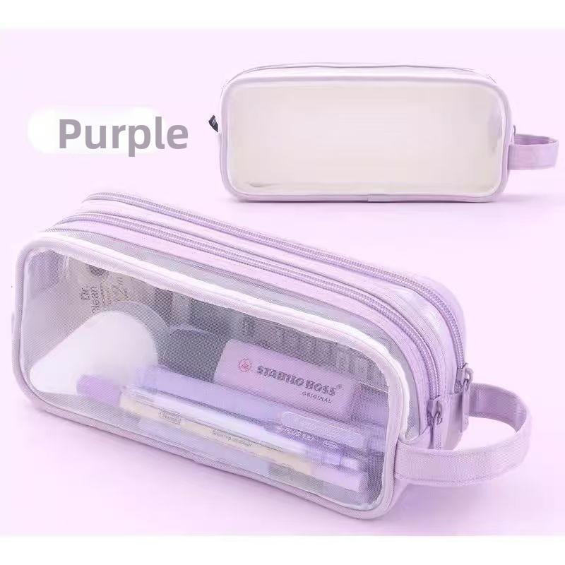 Student Double Layer Mesh Transparent Pencil Case With Large Capacity For School Use