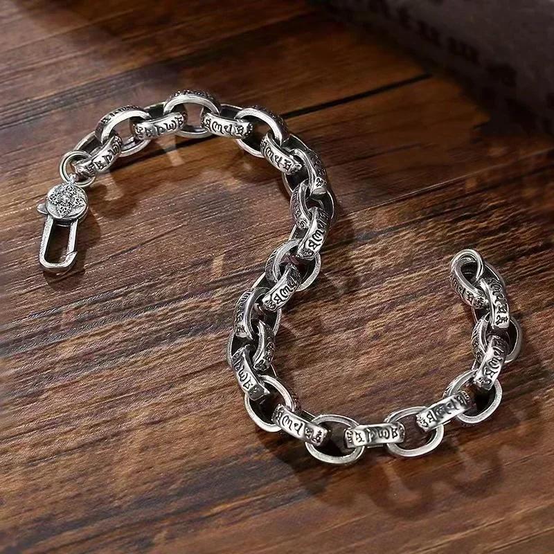 Real Solid S925 Silver New Six-Character Mantra Bracelet Men Women Retro Trend Jewelry Gift