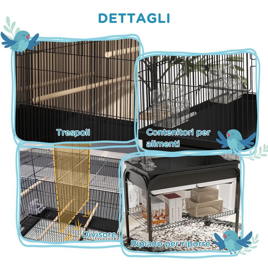 Indoor Bird Cage with Tray, Shelf and Wheels with Brakes, 85x49x119 Cm, Black