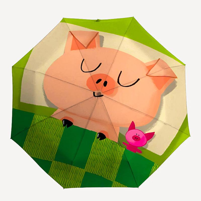 1pc Piglet Automatic Folding Umbrella, 8-Rib Durable Iron Frame, Compact Travel Umbrella for Women & Men 091