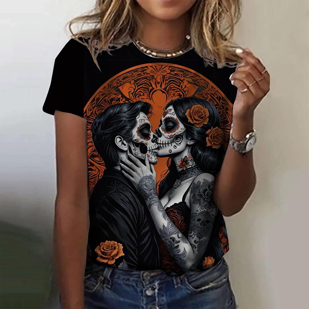 Summer Round Neck 3D Skull Print Top Fashionable Casual Short Sleeved Women's T-shirts