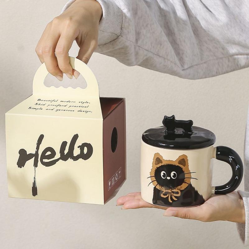 Adorabile Tazza Gatto con Coperchio - Tazza da Caffè in Ceramica per Regalo d'Ufficio per Ragazze
