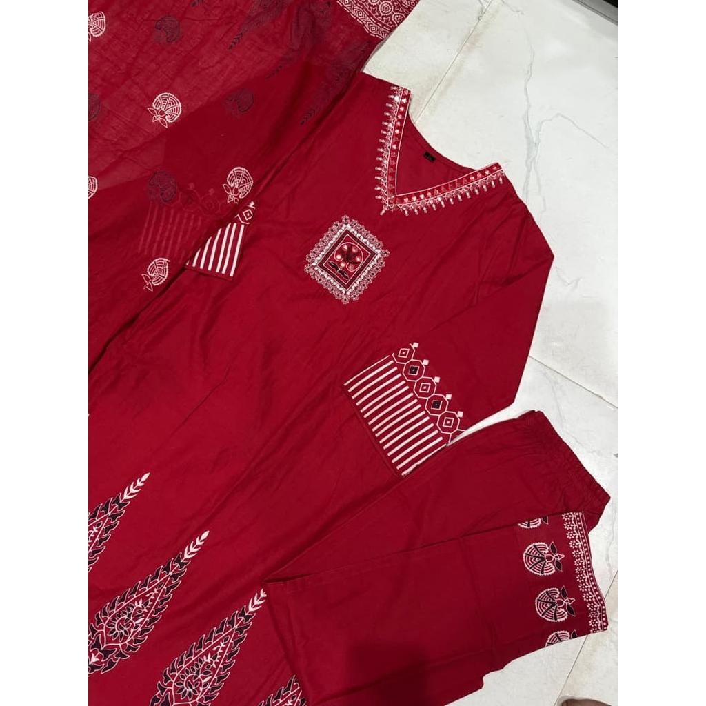 Red Cotton Embroidery Ethnic Kurta Set Indian Women Top Kurti Pant Dupatta Set