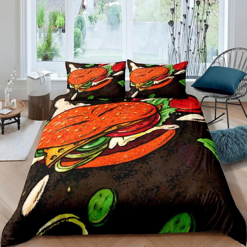 Hamburger Duvet Cover Meat Cheese Fast Food Theme Cartoon Hamburg Pattern Quilt Cover Bedroom Decoration for Children Boys Girls