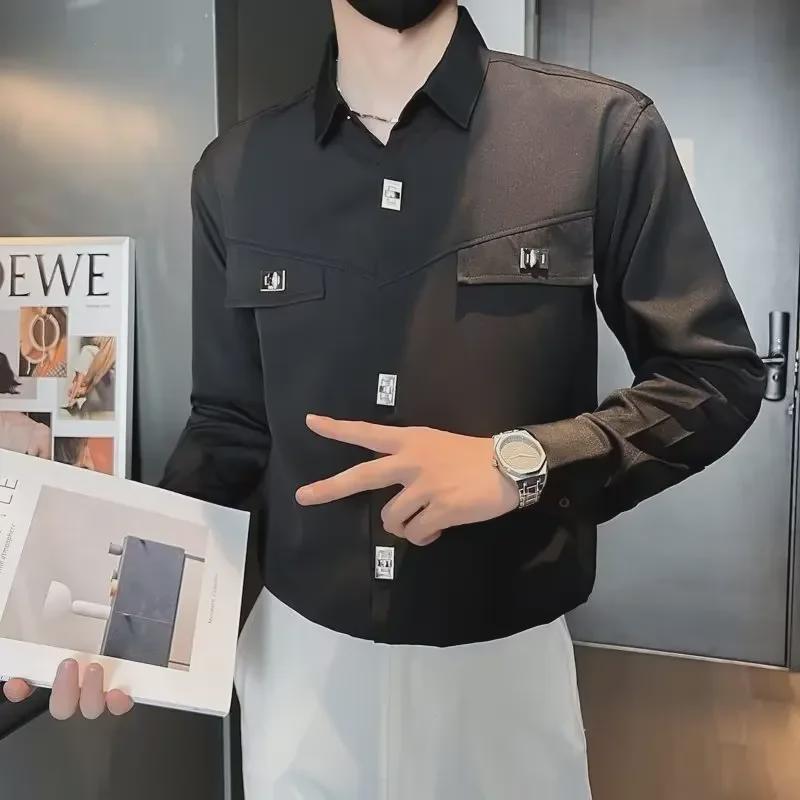 2023 Herren Retro Freizeit Langarmhemd mit Eisenknopf-Dekoration für Frühling und Herbst