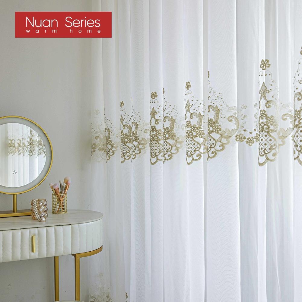 1PC Nuan Series French Style Gold Thread Embroidered Sheer Curtain Romantic Style Luxury Tulle for Living Room Bedroom Balcony Window Home Decor