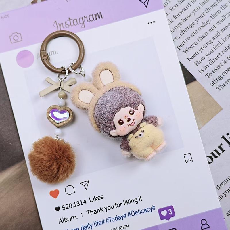 Resin Flocking Monchichi Keychain Cute Monkey Baby Trendy Keyring Cartoon Pendent Keys Bags Hanging Accessories Small Gifts
