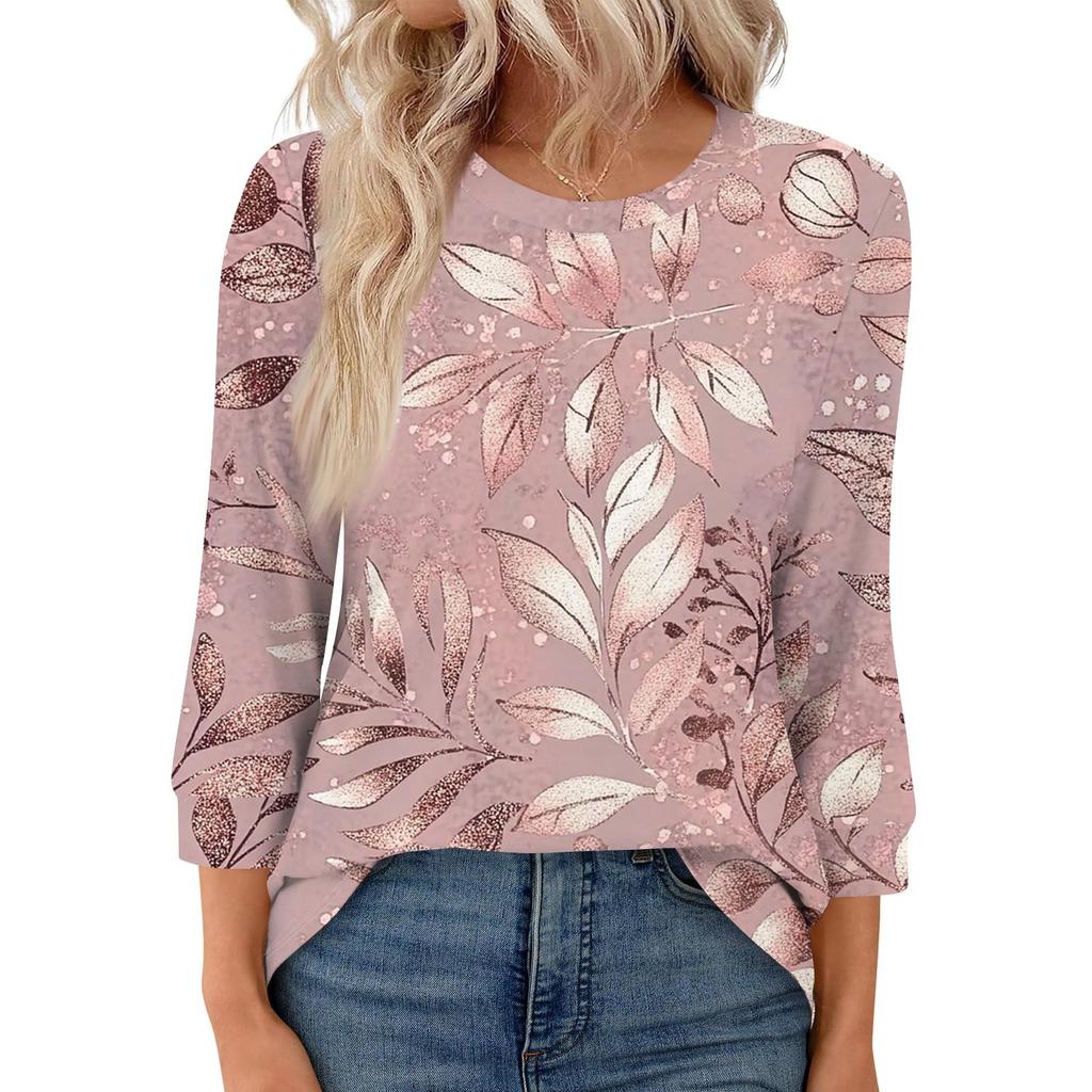 Women's Fashion Casual Round Neck 3/4 Sleeve Loose  Printed T-Shirt Ladies Top