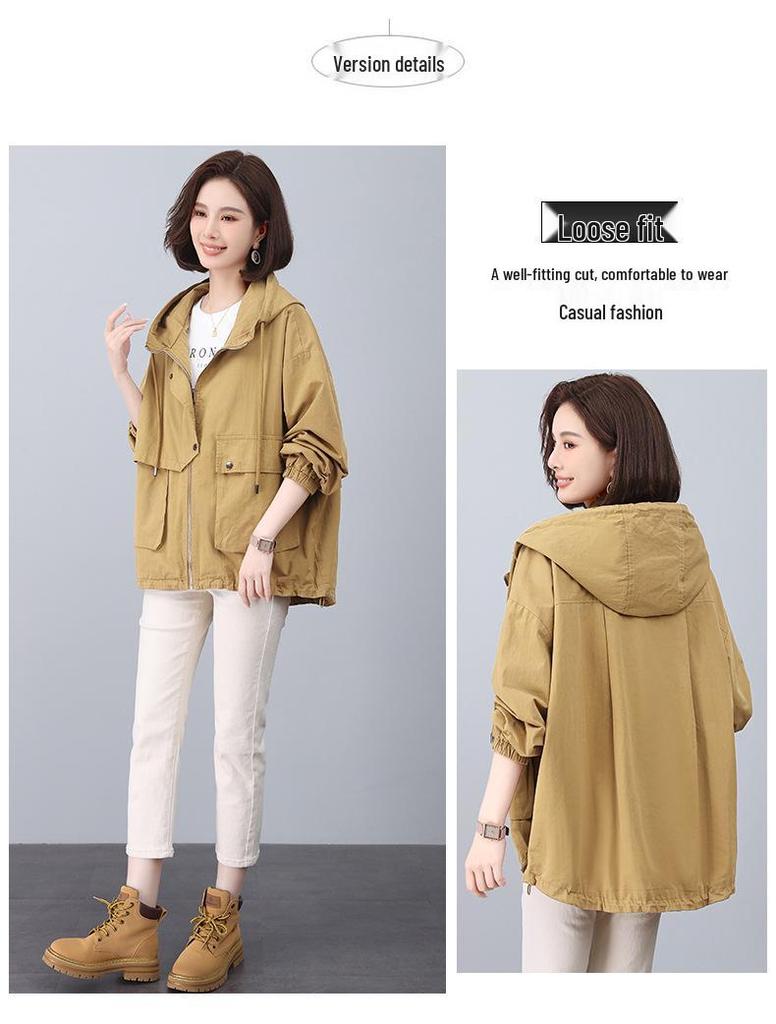 Stylish 2024 Women's Pure Cotton Hooded Jacket – Loose Fit, Plus Size, Casual Short Trench for Middle-Aged Moms