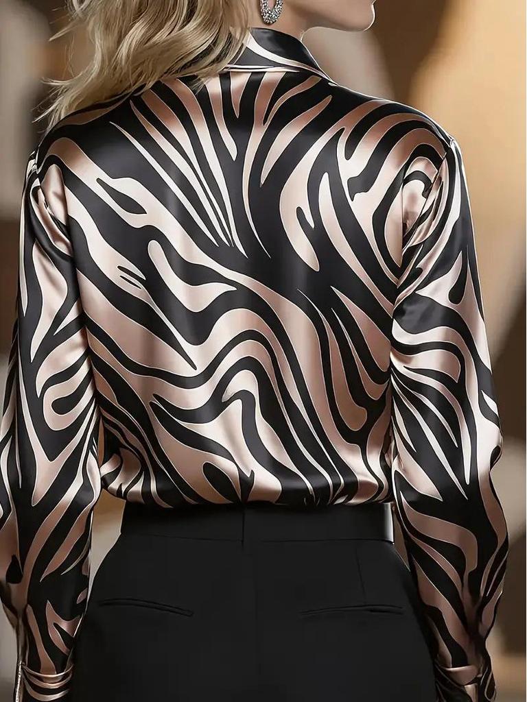 Elegant Zebra Print Satin Shirt - Long Sleeve, Seasonal Women's Fashion
