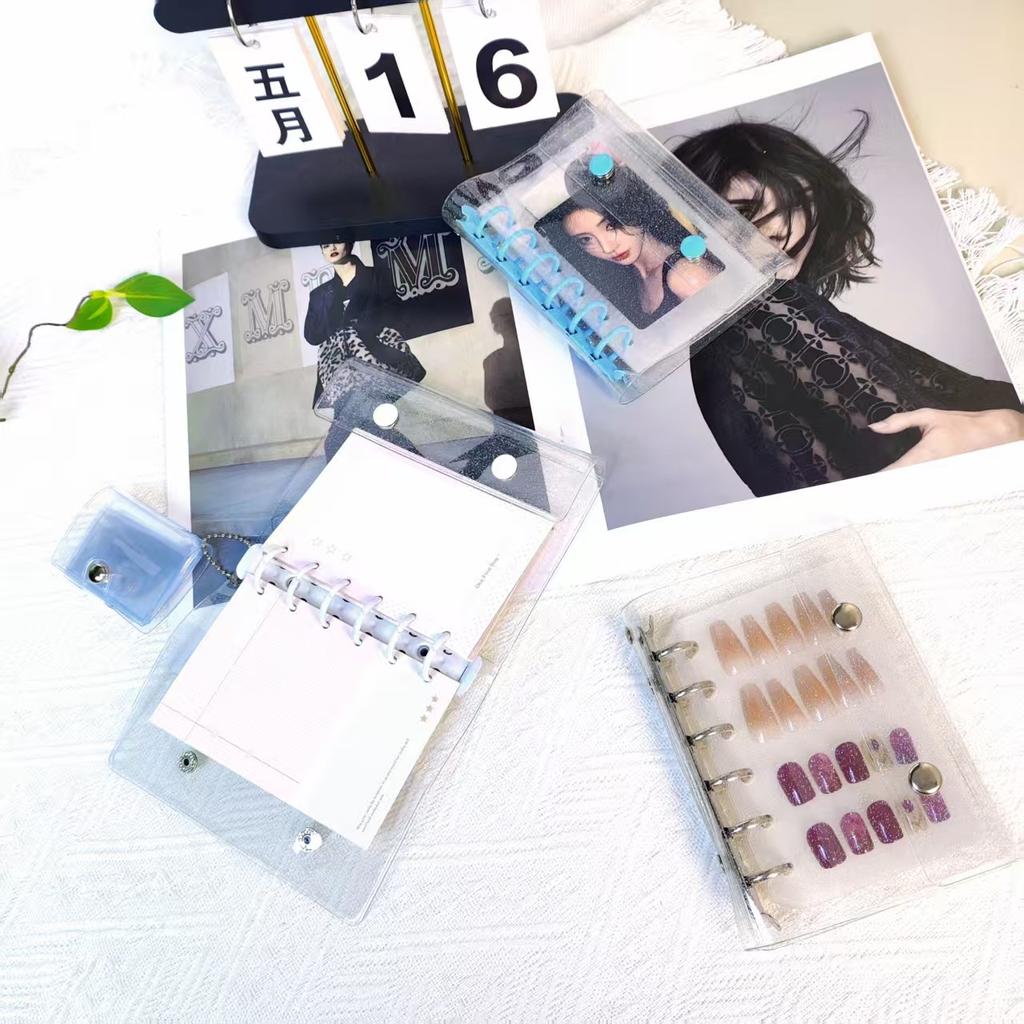 A7 Glitter Double Button Transparent PVC Soft Shell Color 6-hole Metal Clip, Hand Ledger, Photo Album, Loose Leaf Shell, Including 10 Inner Pages