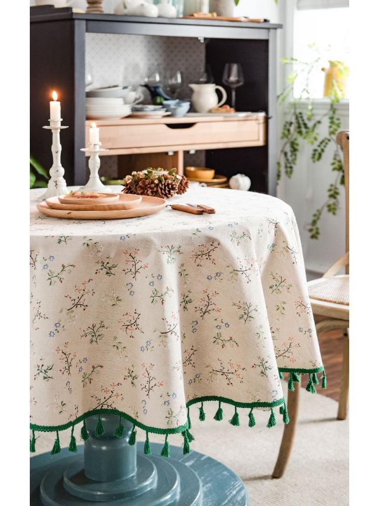 1pc Rustic Floral Tassel Tablecloth - Black & White French Country Design, Round Adhesive Table Cover for Valentine’s Day, Small Round Tables