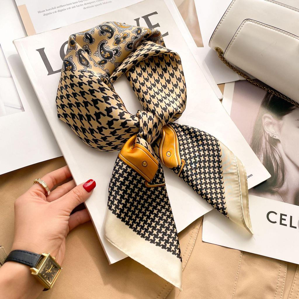 French Retro Silk Women's Square Scarf - Cashew Print, Versatile, High-End Accessory