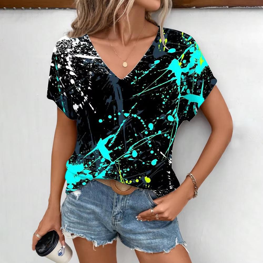 Summer V-neck 3D Color Splashed Ink Printed Top Fashionable Casual Short Sleeved Women's T-shirts