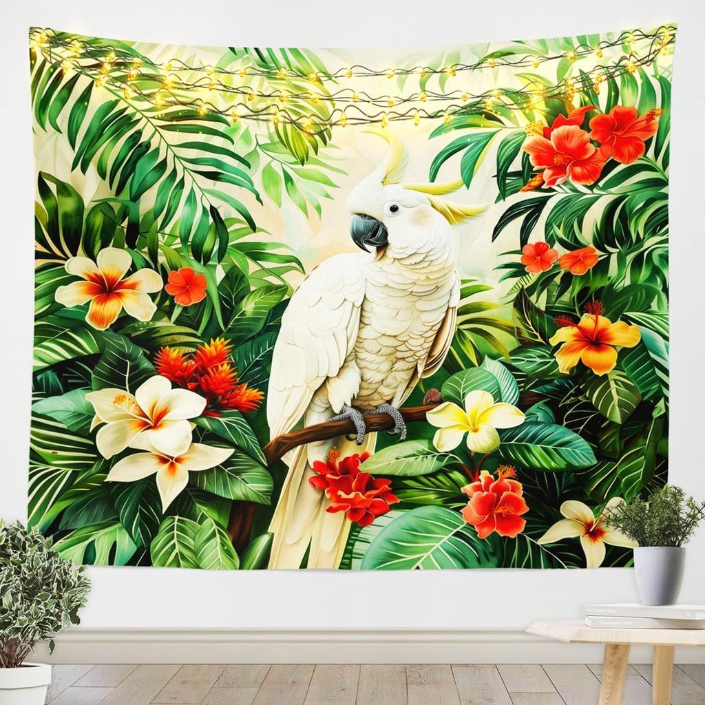 3D Parrot Tapestry,Palm Leaves Floral Wall Hanging Art Kids Boys Girls Home Room Decor,Tropical Wild Animal Plant Wall Blanket