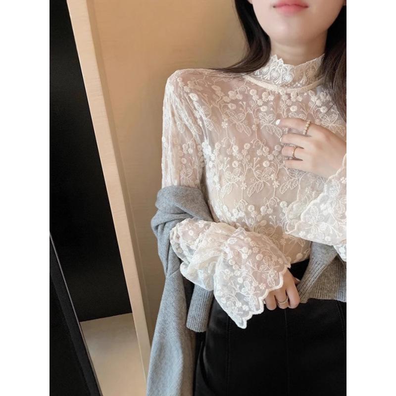 Plus Size Women's Lace Inner Shirt: Elegant Long Sleeve Mesh Top for Autumn/Winter