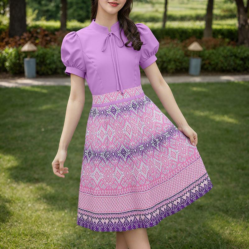 

ZANZEA Women Summer Stand Collar Casual Short Sleeve Print Dress S фиолетовый