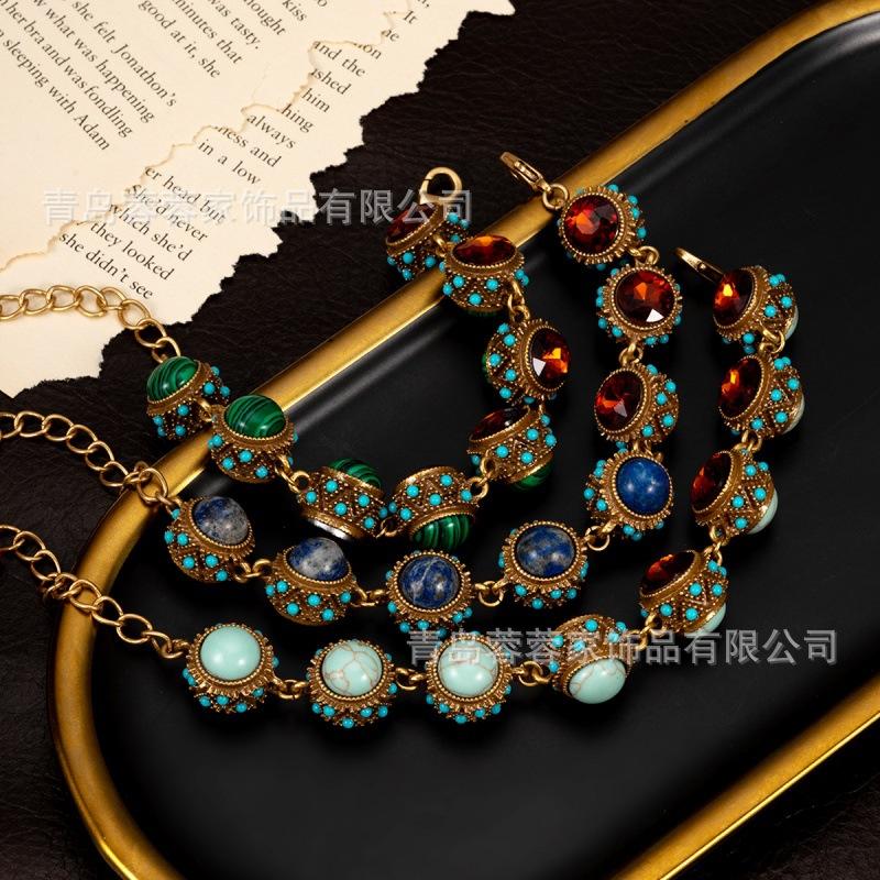 Vintage Jewelry Turquoise Natural Stone Inlaid With Zircon Bracelet Hollow Style