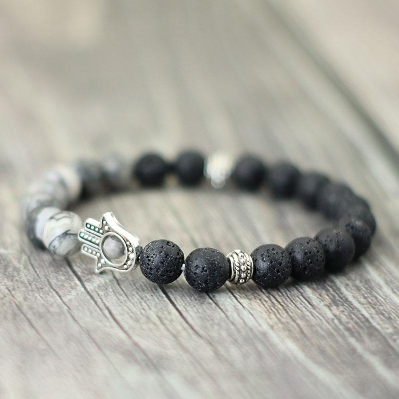 New Men Strand Bracelet Classic Fatima Braclet Natural Volcanic Rock Braslet Meditation Tibetan Brazalete Armband Herren Pulsera