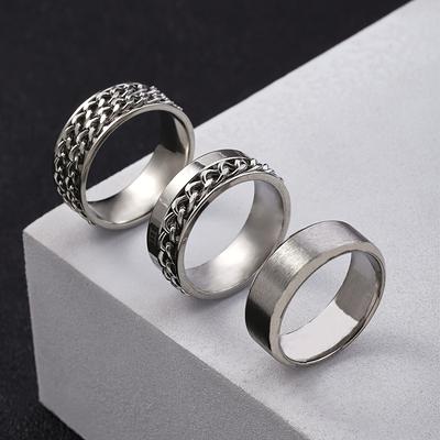 Stainless Steel Ring Set with Roman Numerals, Rotatable Chain Ring, Punk Style Hand Jewelry